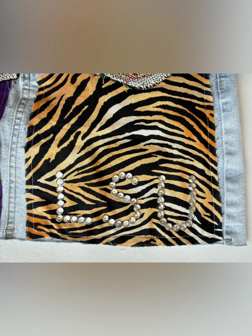 Handmade LSU Tigers Patchwork Game-day Denim Mini Skirt School Spirit Size 26 - Picture 2 of 6